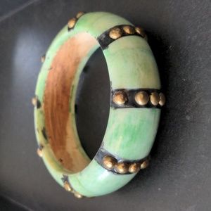 Vintage handmade bangle bracelet, solid acacia wood, natural bone and brass